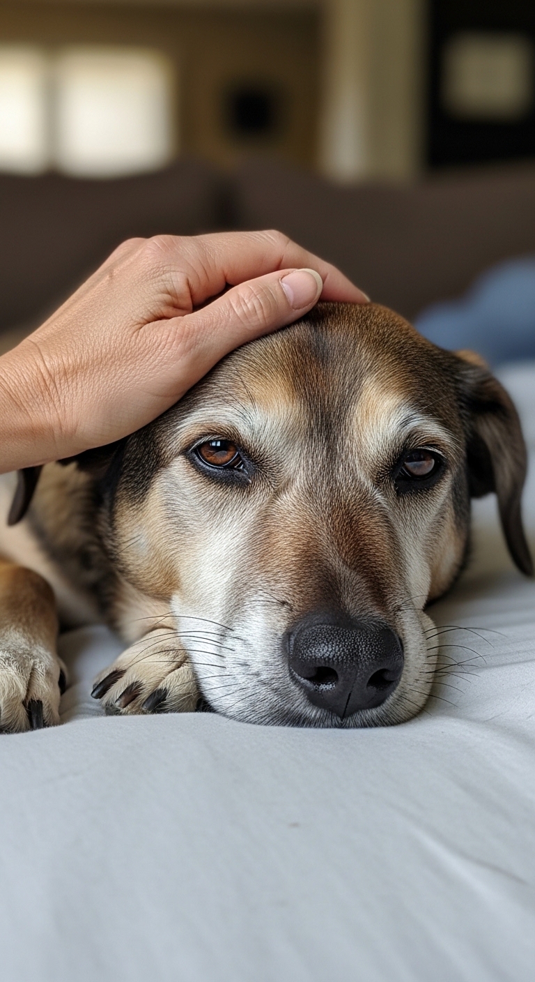 A dog with a black nose and brown fur lays on a bed.