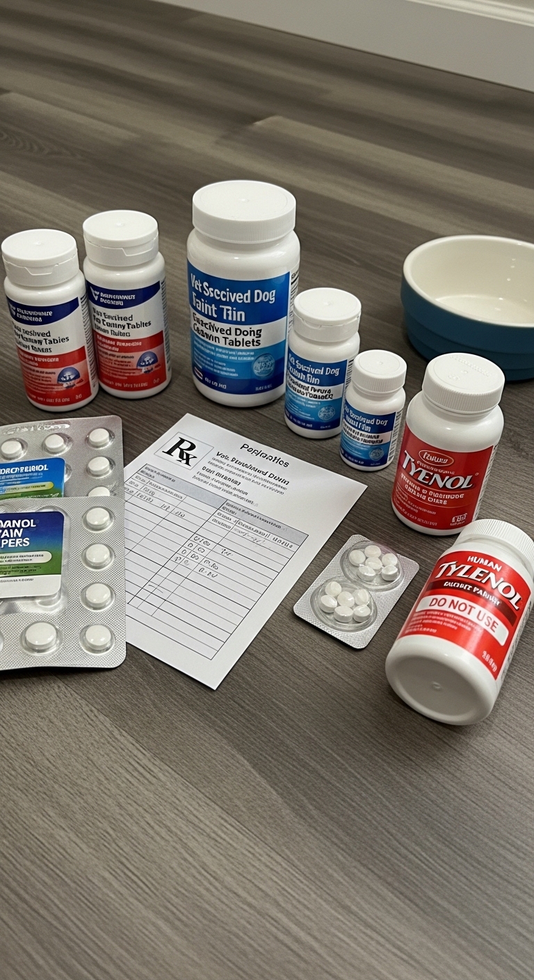 A table with medications and a note that says "can you give a dog tylenol".