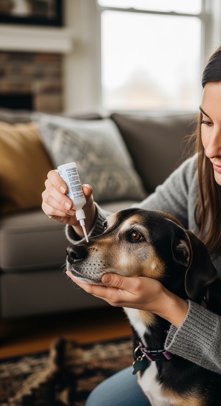 A woman is giving her dog Tylenol.
