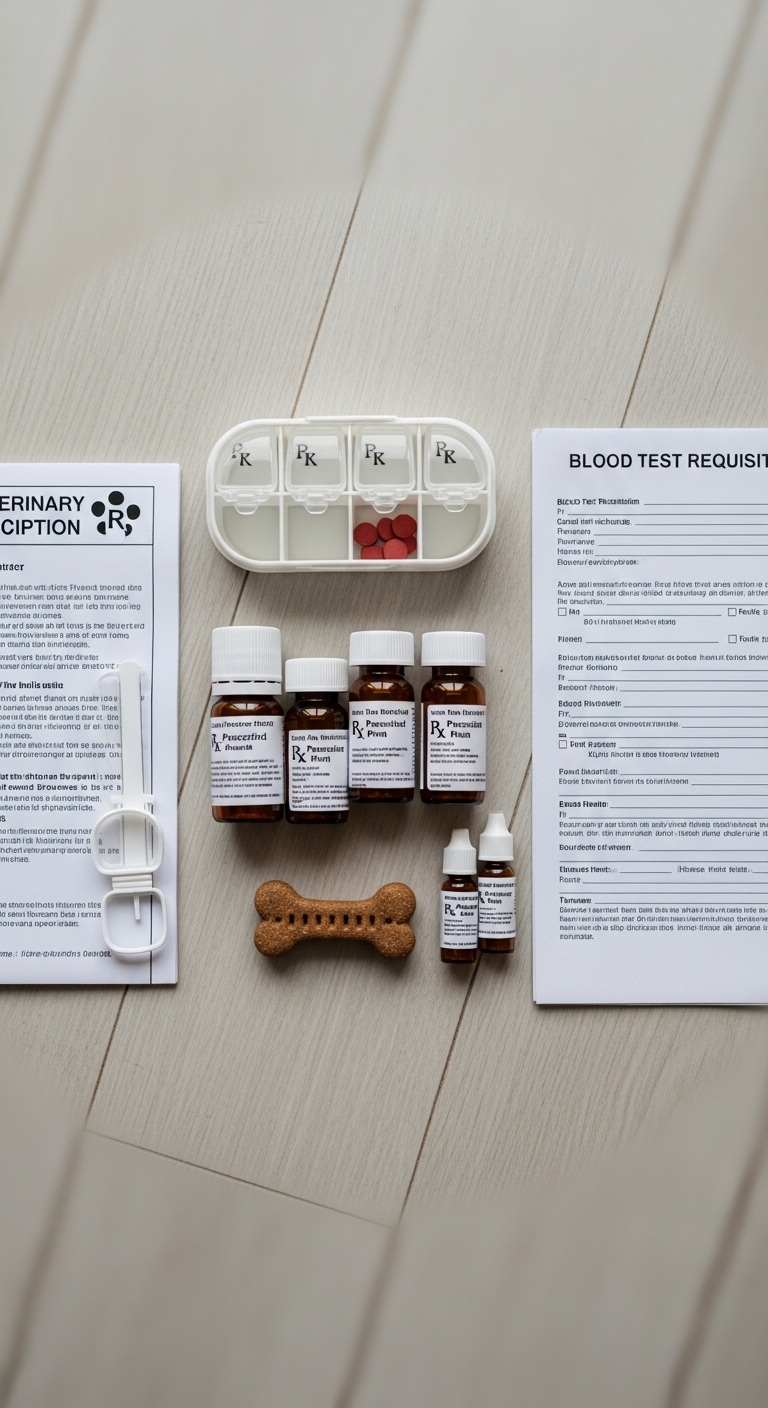 A bottle of medication is on a table.