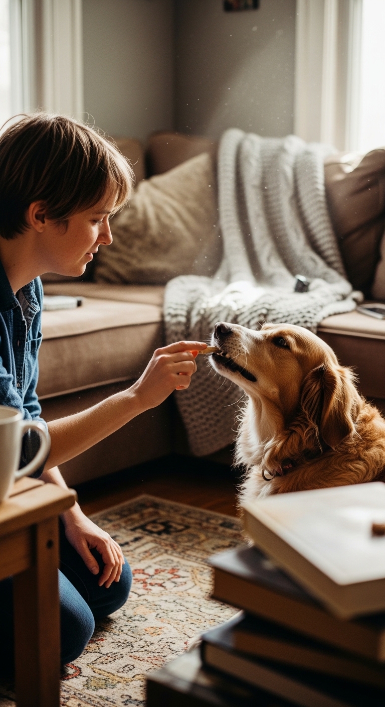 A woman is feeding a dog a cracker.