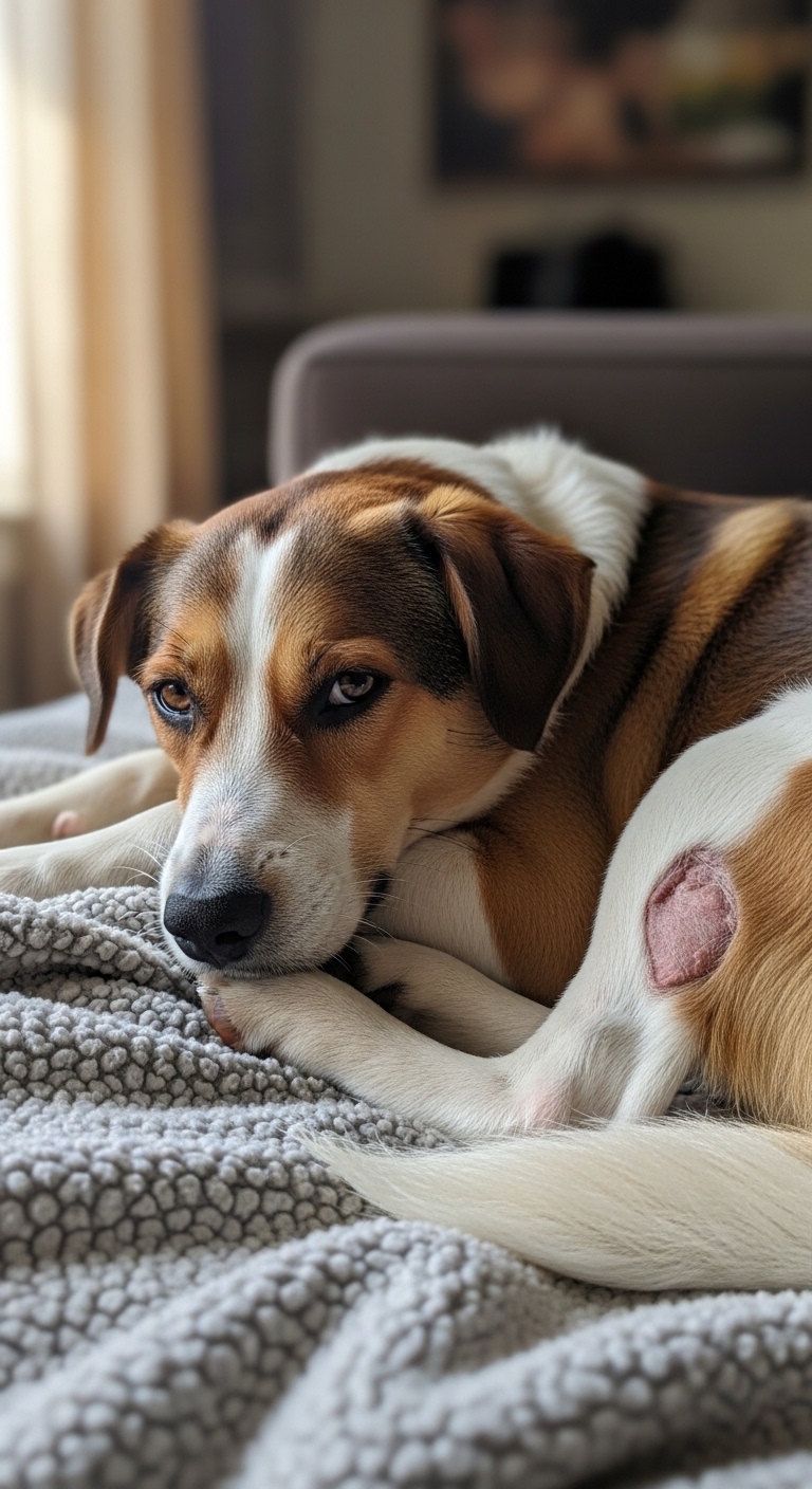 A dog with a pink spot on its ear.