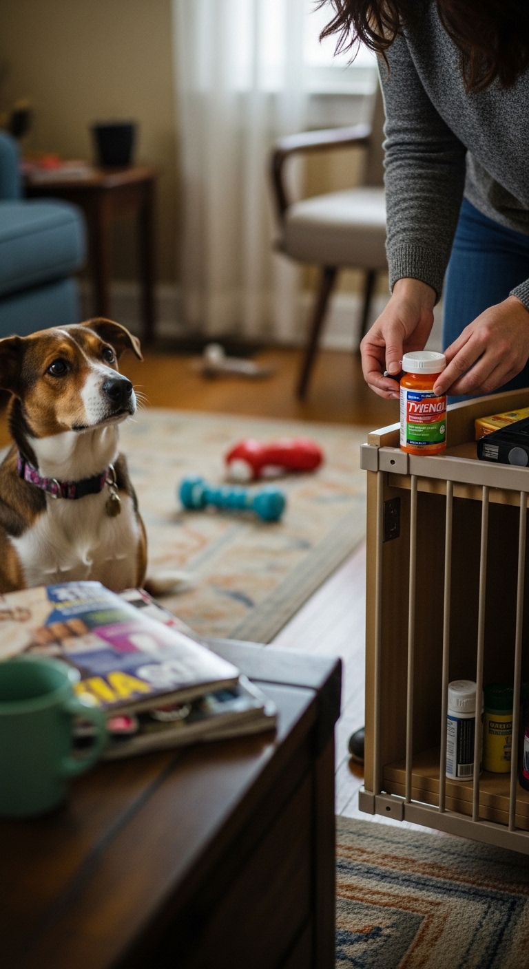A dog is sitting on the floor next to a person who is holding a bottle of Tylenol.