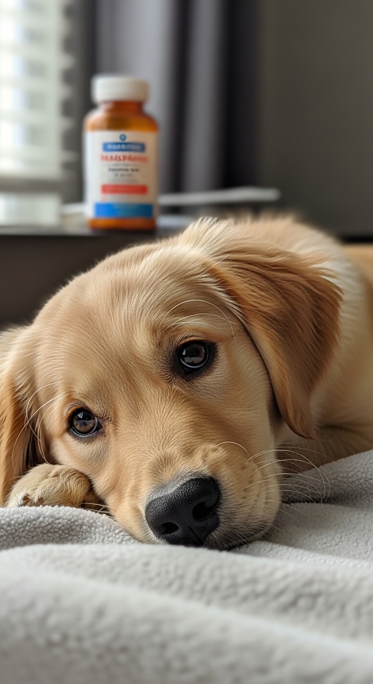 A dog laying down with a bottle of Tylenol on the table.