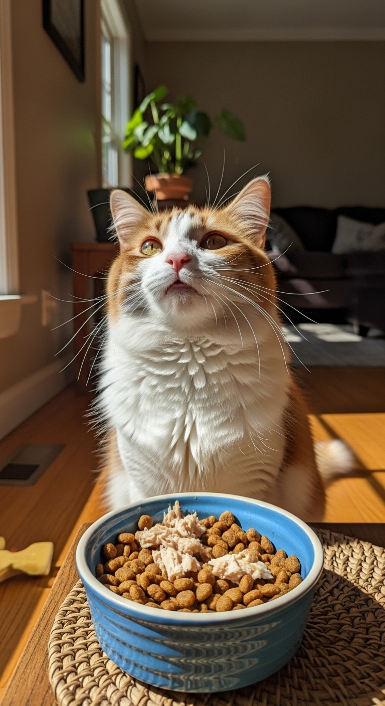 A cat is eating food from a bowl.