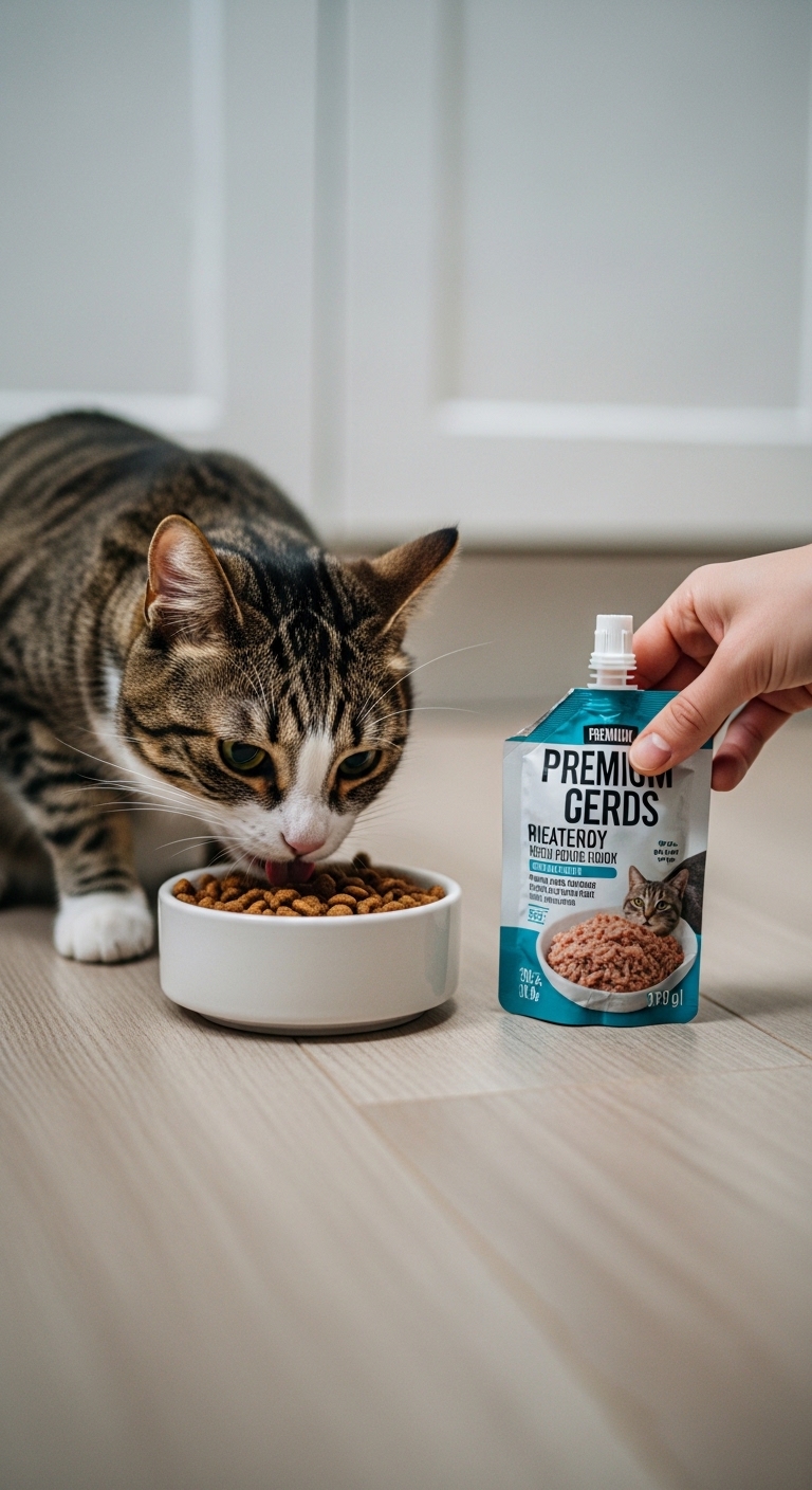 A cat eating cat food.