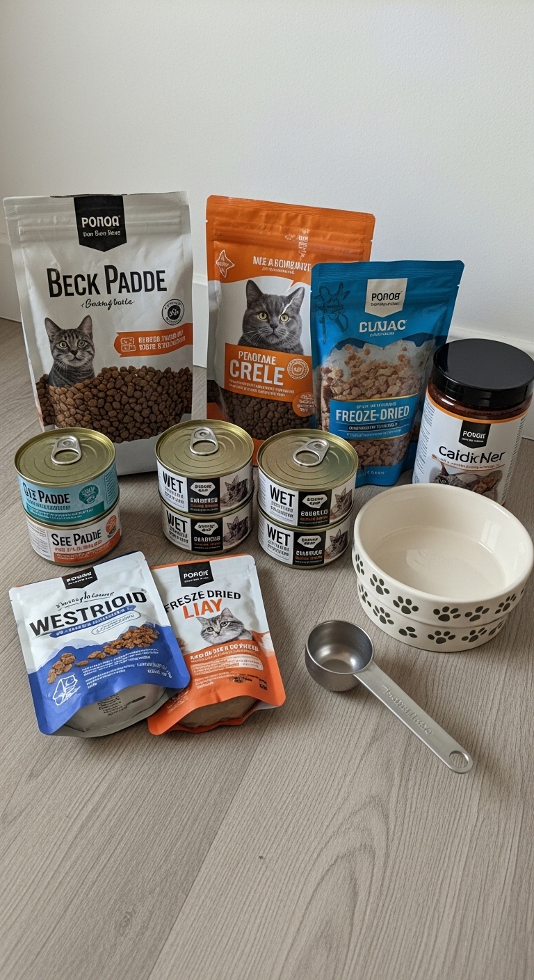 A variety of cat foods are displayed on a table.