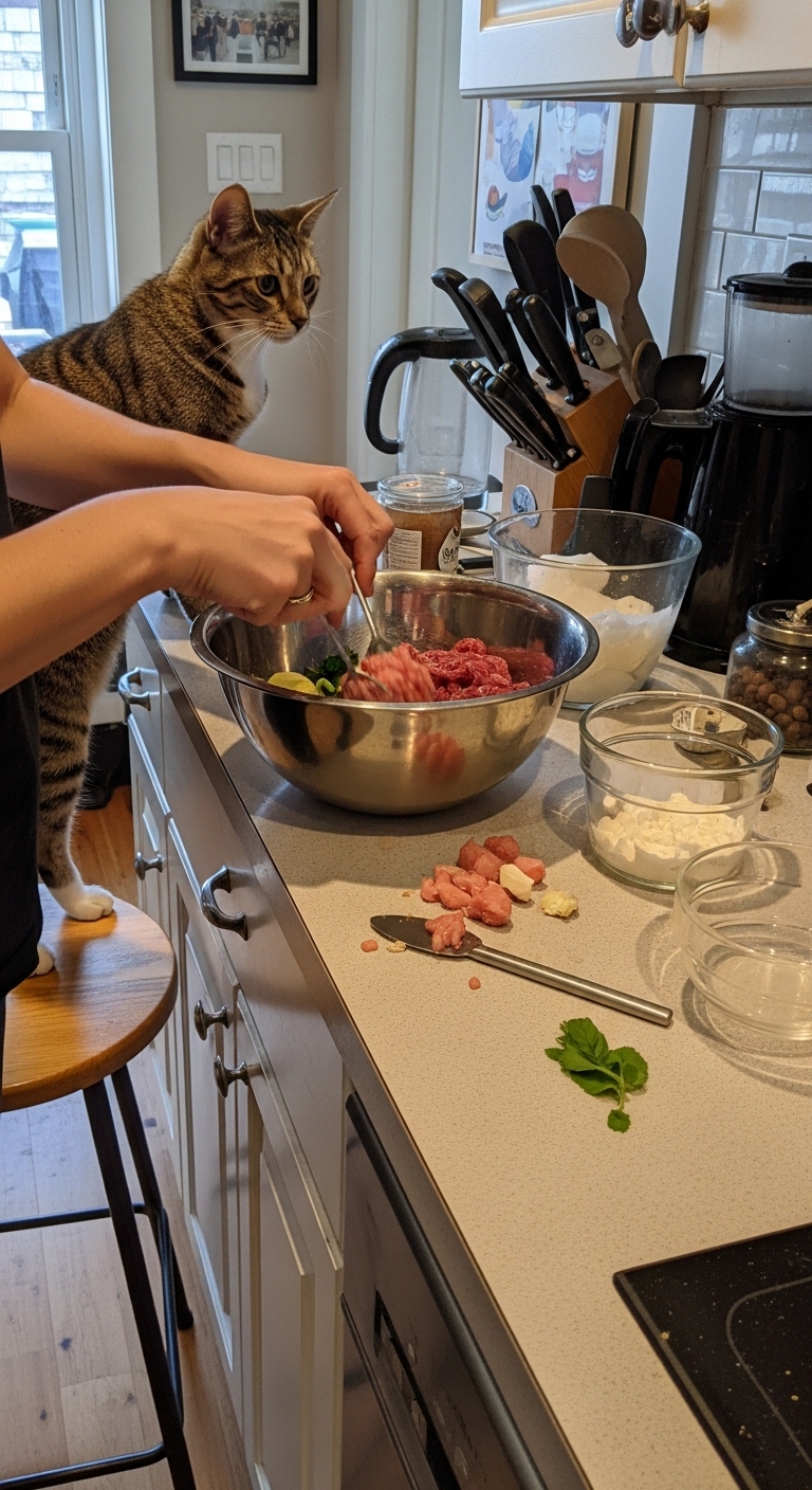 A person prepares food in a kitchen with a cat nearby.