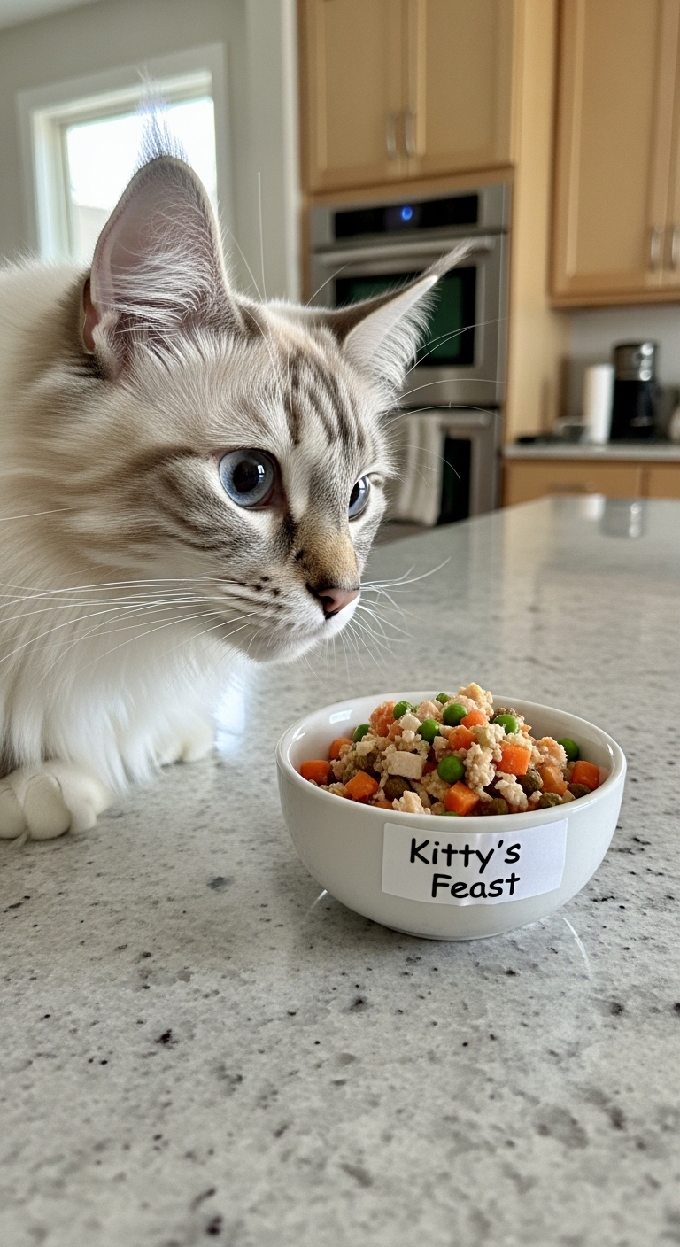 A cat is eating food from a bowl.