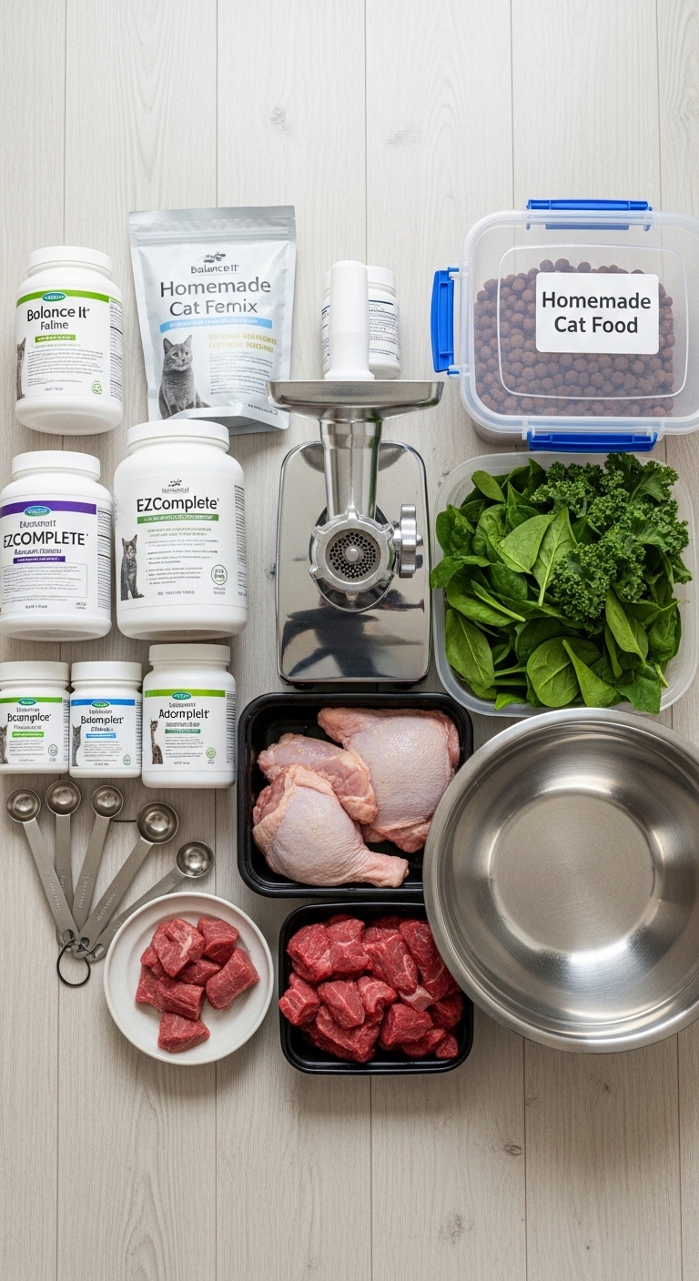 A table with cat food ingredients and a blender.