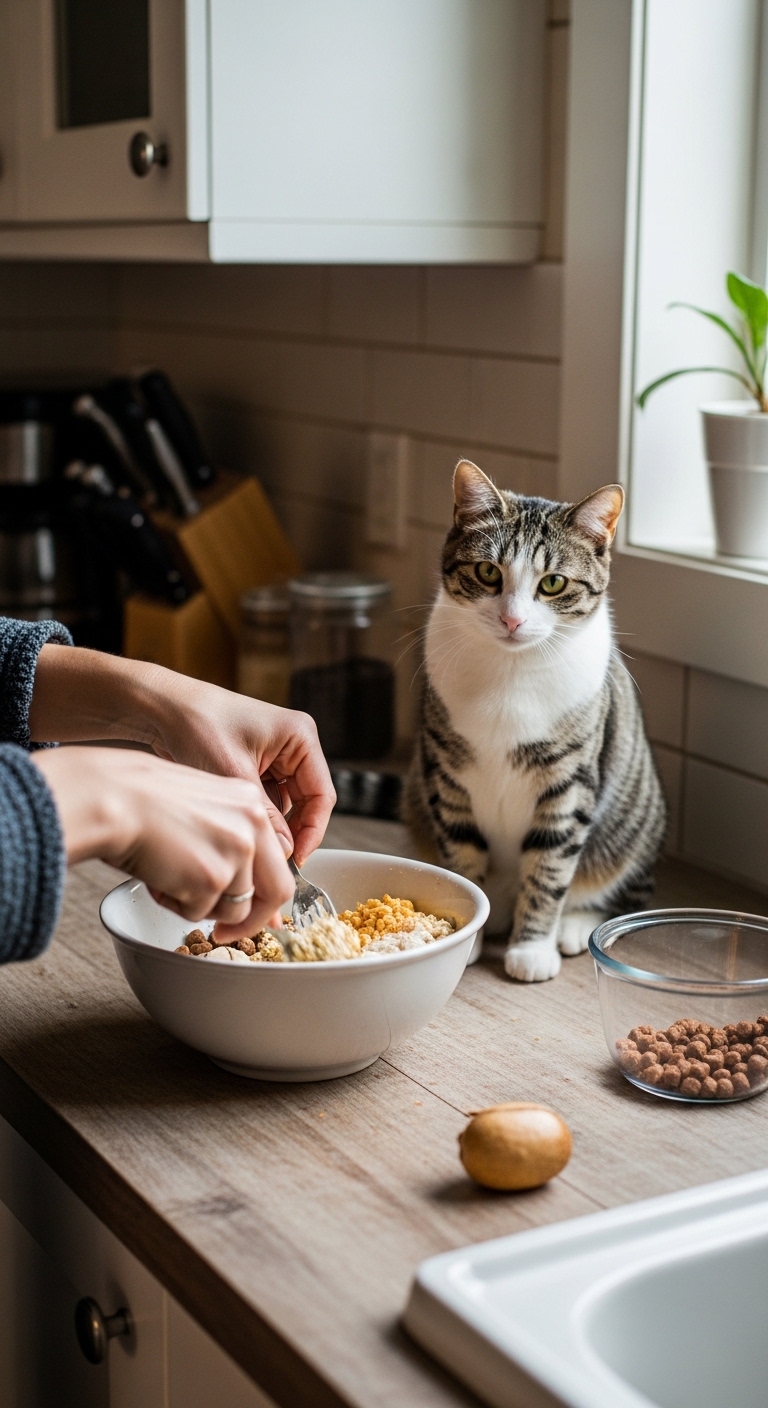 A cat is sitting on a counter next to a bowl of food.