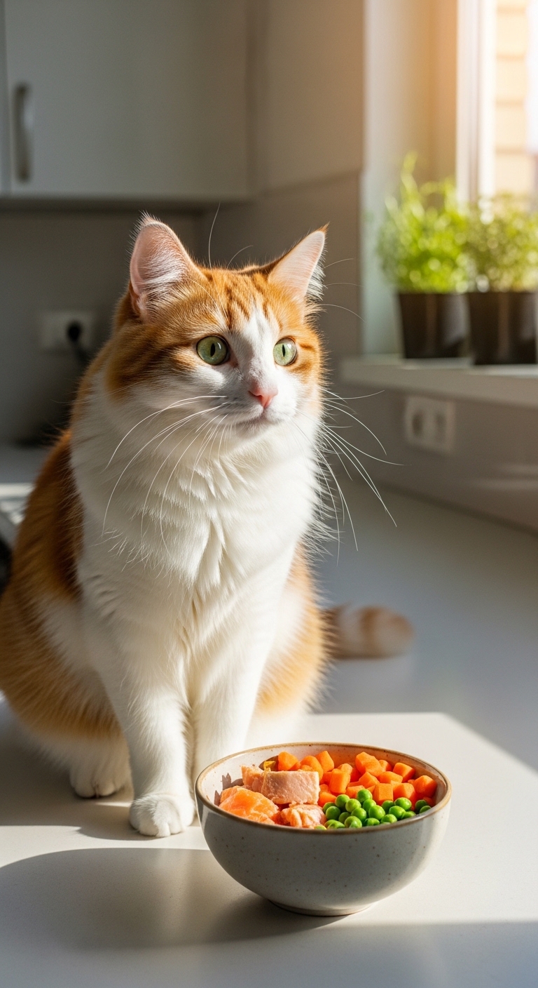A cat sitting on a table with a bowl of carrots in front of it.