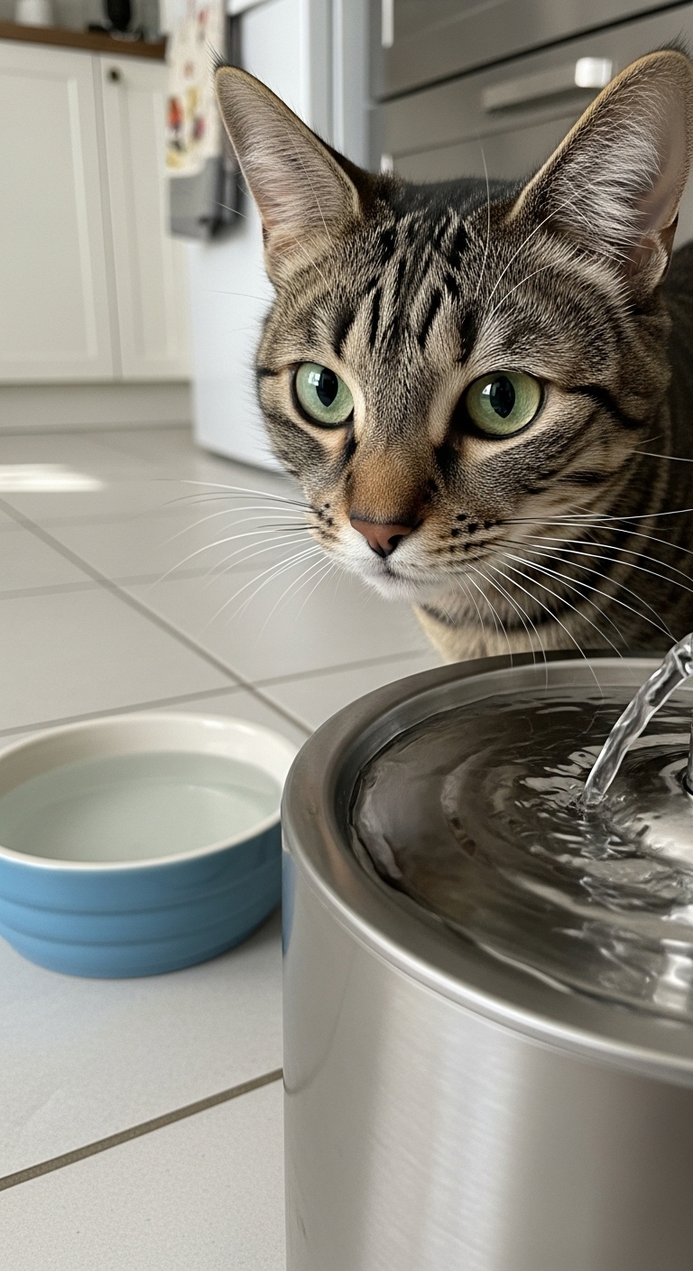 A cat water fountain is next to a bowl of water.