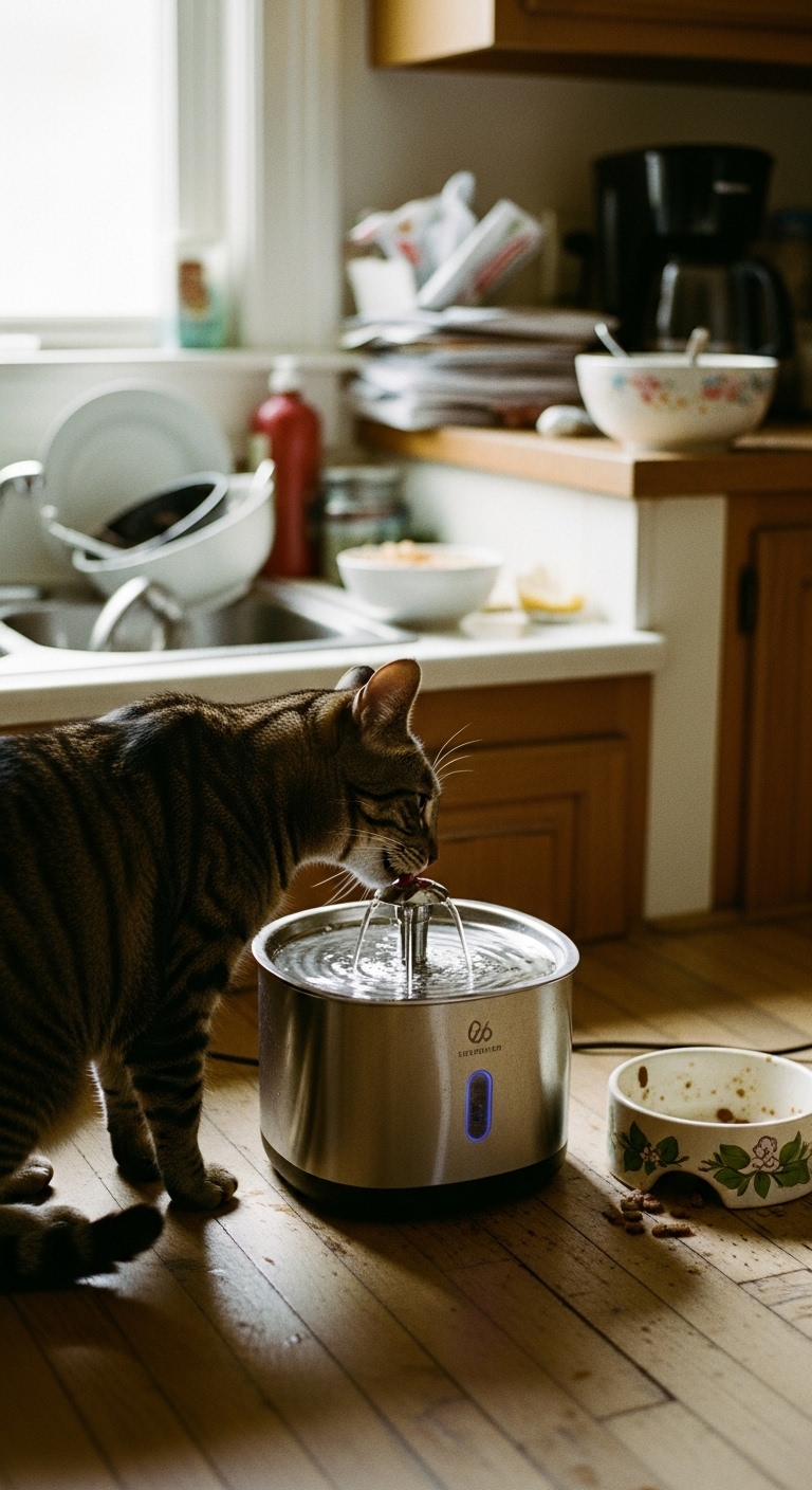 A cat drinking water from a fountain.
