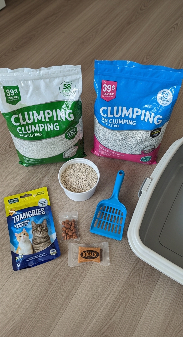 A blue and white cat litter shovel sits next to a bag of clumping cat litter.