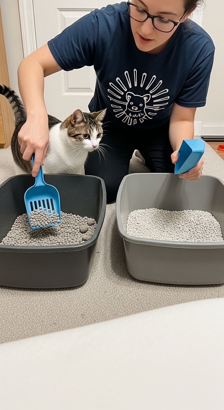 A person holding a blue plastic spoon over a bowl of clumping cat litter.