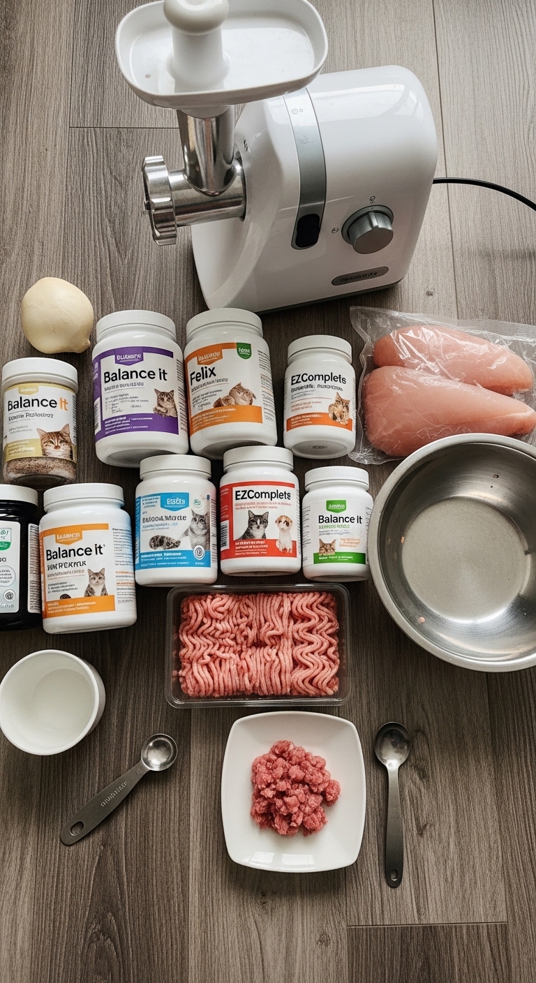 A table full of cat food ingredients.