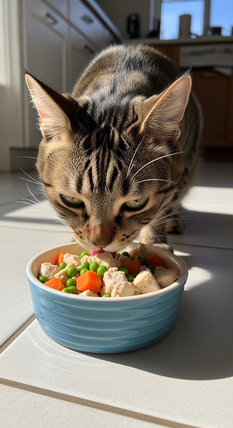 A cat eating food from a bowl.
