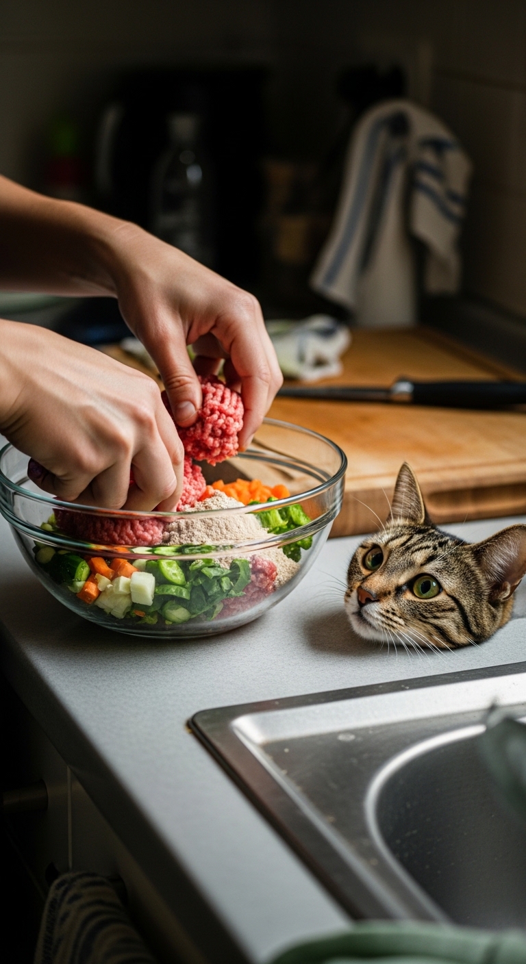 A person is preparing a meal for a cat.