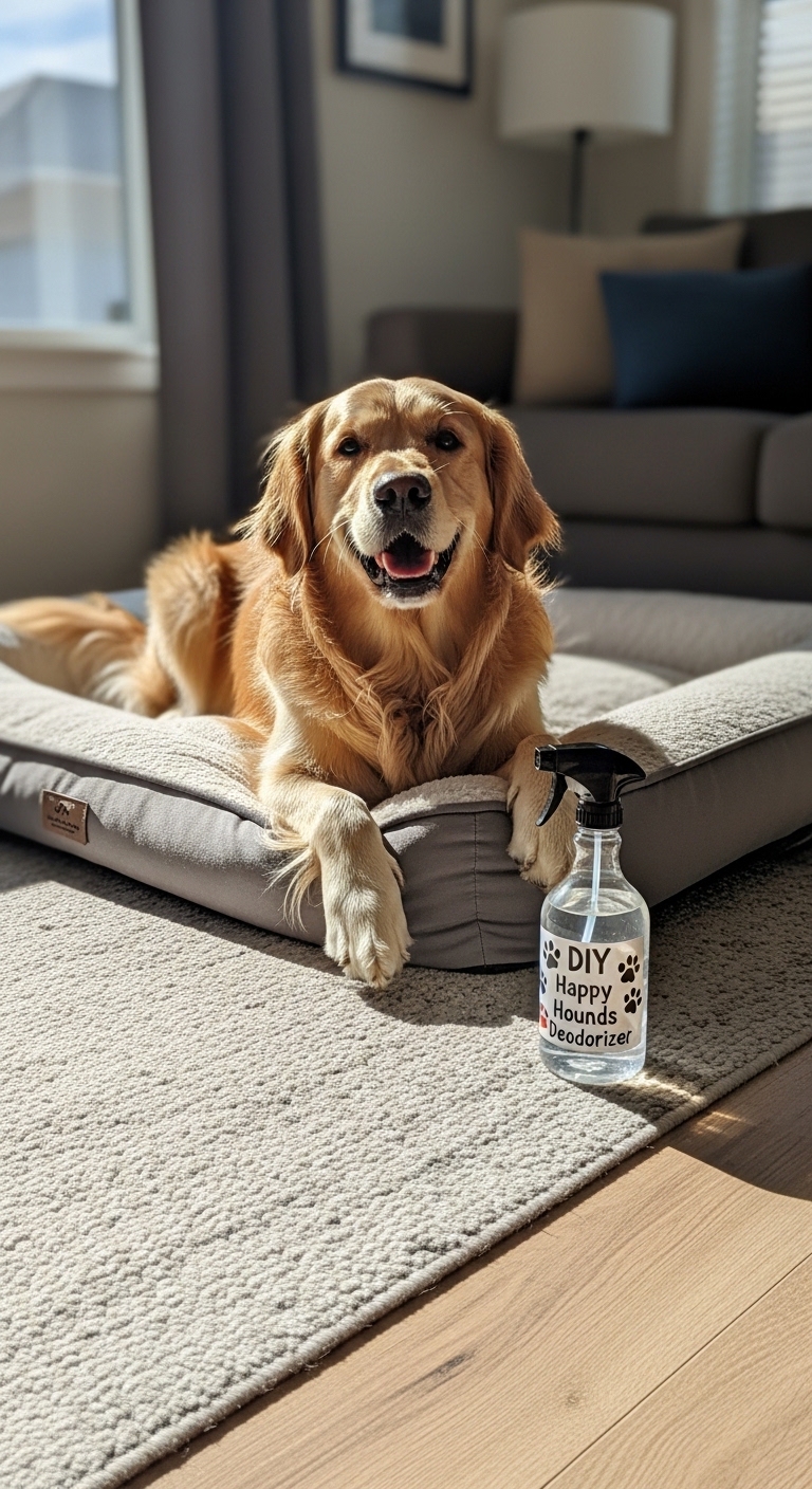 A dog is laying on a bed with a bottle of diy dog deodorizer spray next to it.