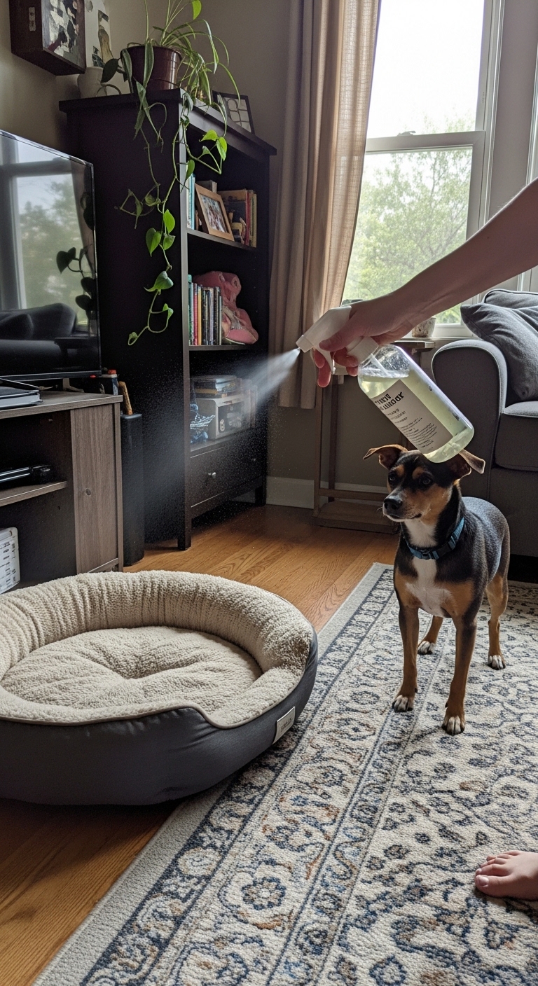 A dog is standing on a rug with a spray bottle of deodorizer on its head.