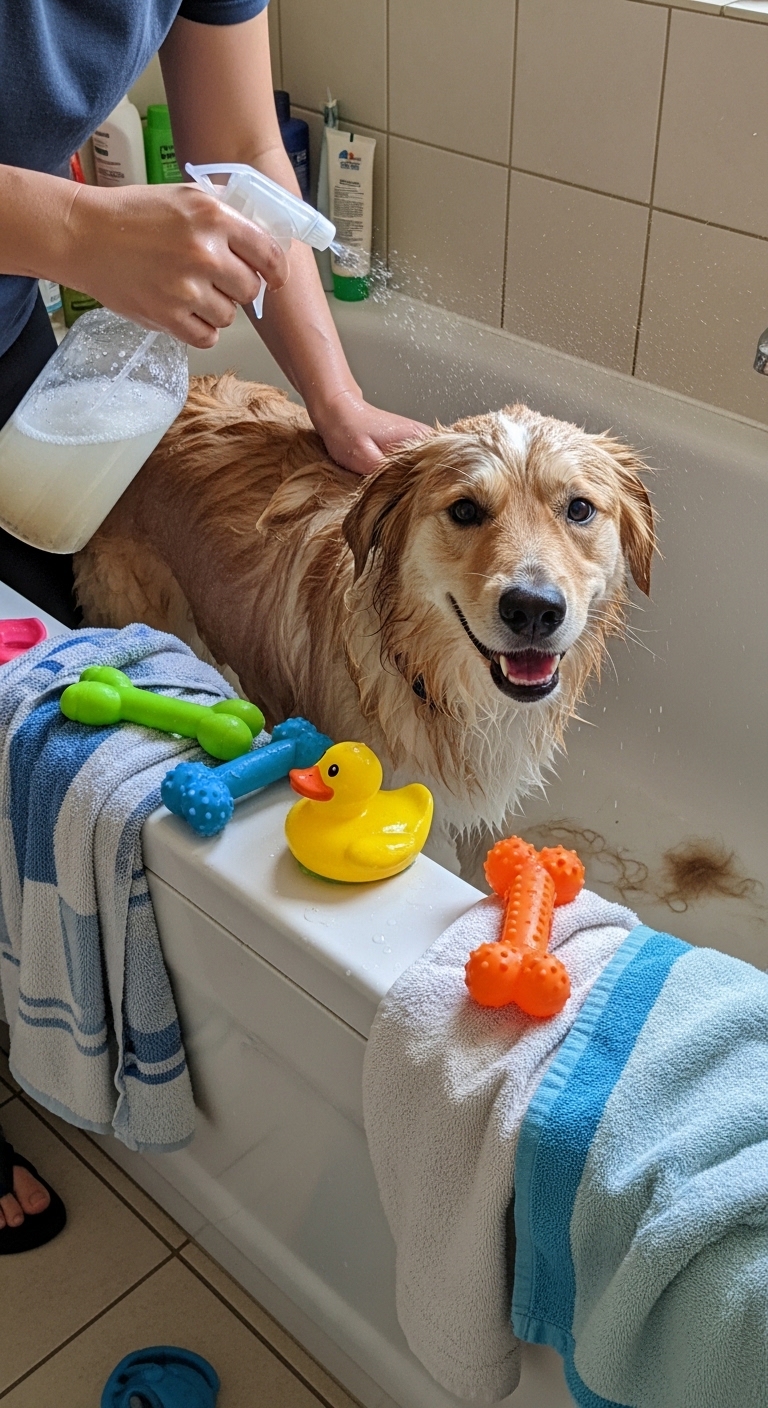 A dog is sitting in a bathtub filled with water and toys.