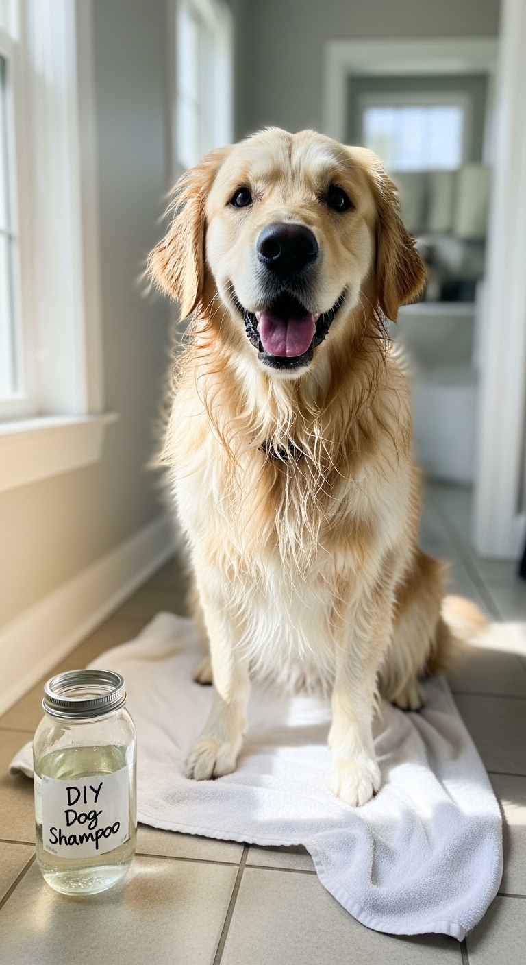 A dog sitting on a towel with a jar of homemade dog shampoo.