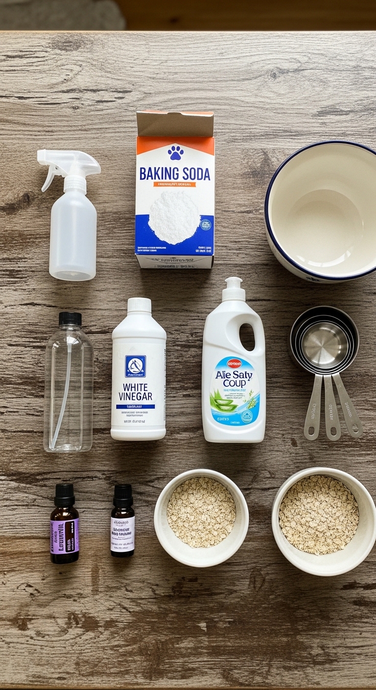 A collection of ingredients for making dog shampoo.