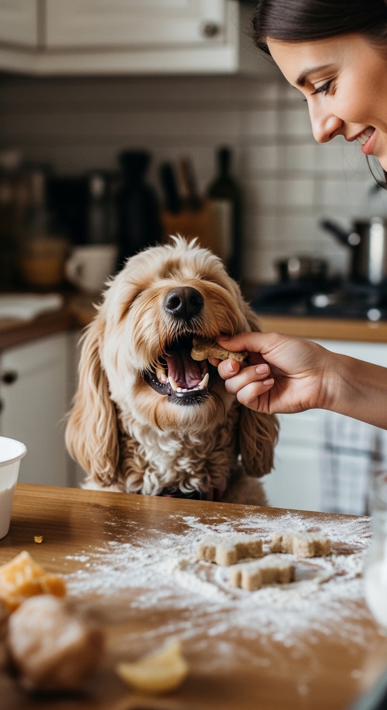 A person is feeding a dog a treat.