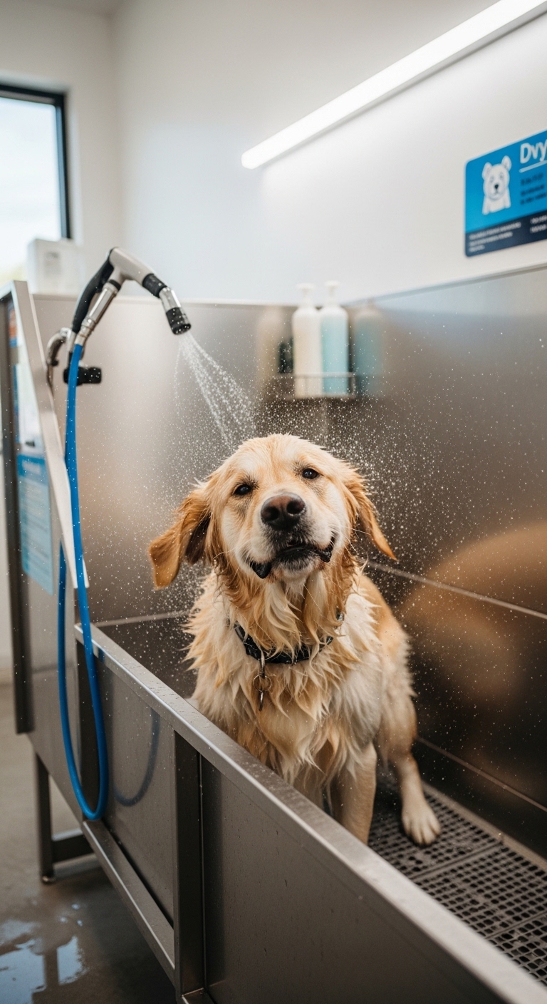 A dog is getting a bath in a sink.