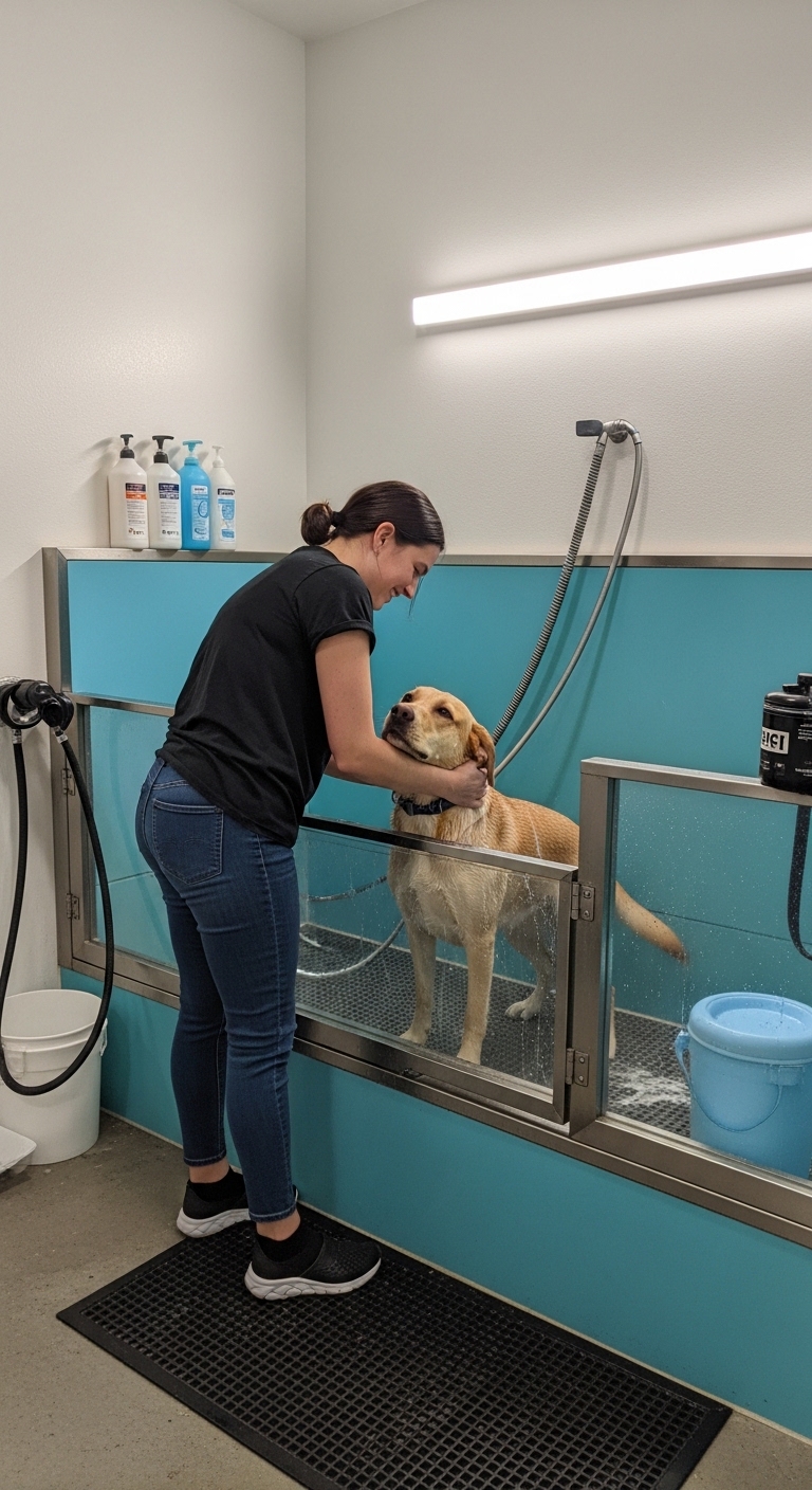 A woman washes her dog in a bathtub.