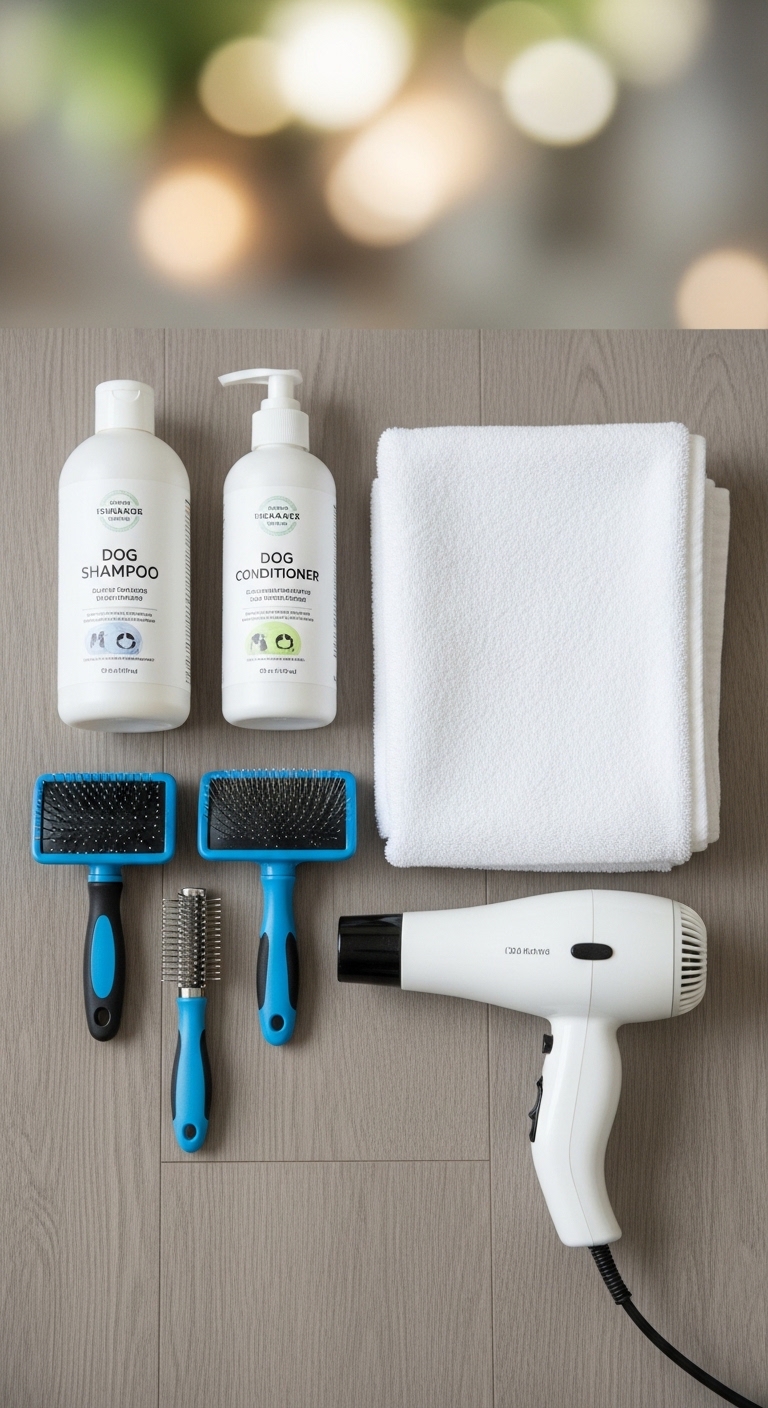 A collection of dog grooming tools and supplies.