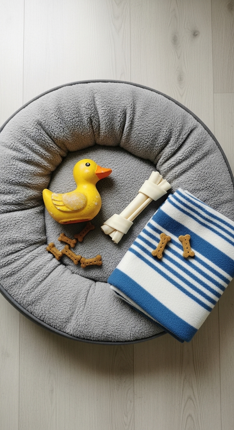 A dog toy and a dog bed with a striped blanket.