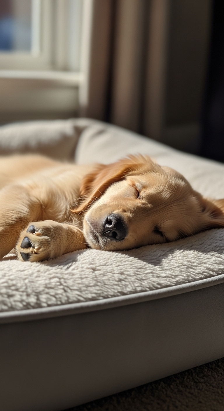 A dog sleeping on a bed.