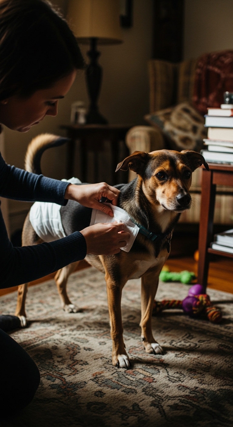A woman is putting a menstrual pad on her dog.