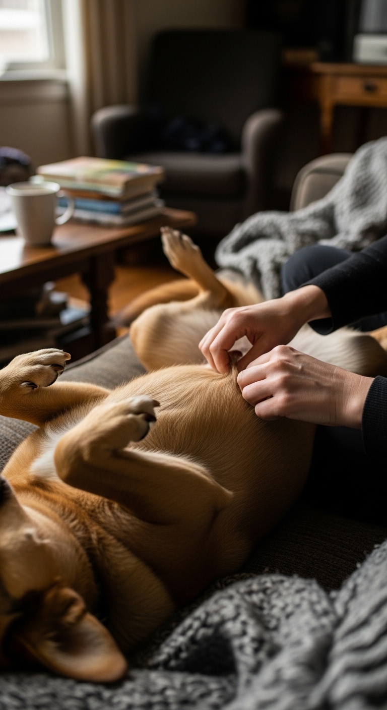 A person is clipping a dog's belly button.