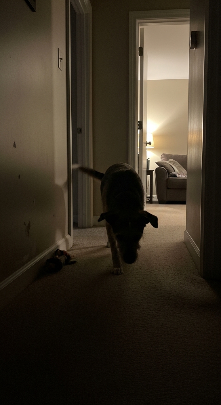 A dog is walking down a hallway at night.