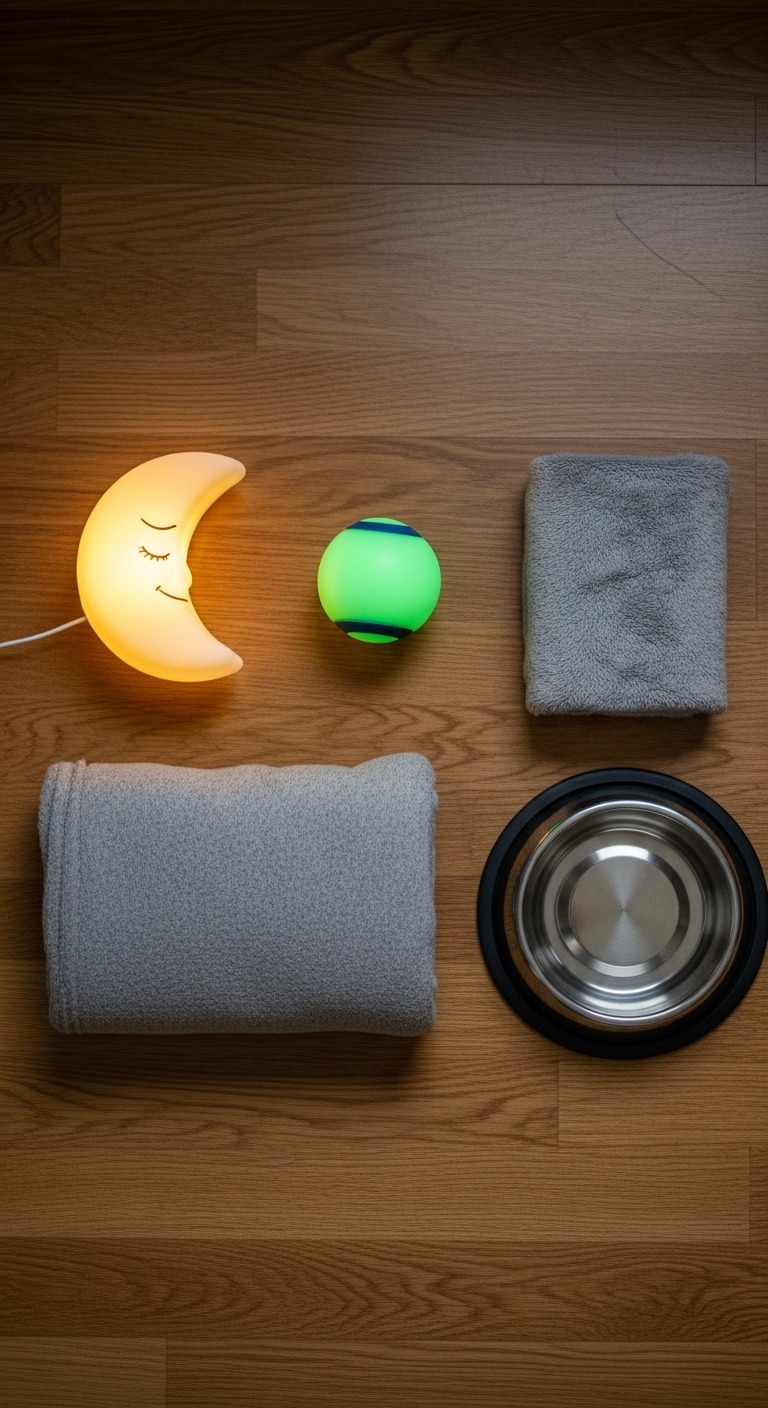 A night light, a ball, and a towel are on a wooden floor.