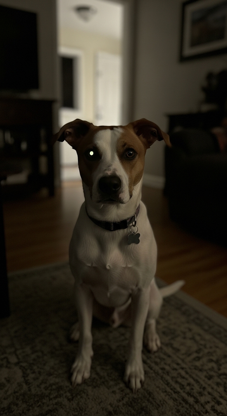 A dog with a collar and a tag on its collar.