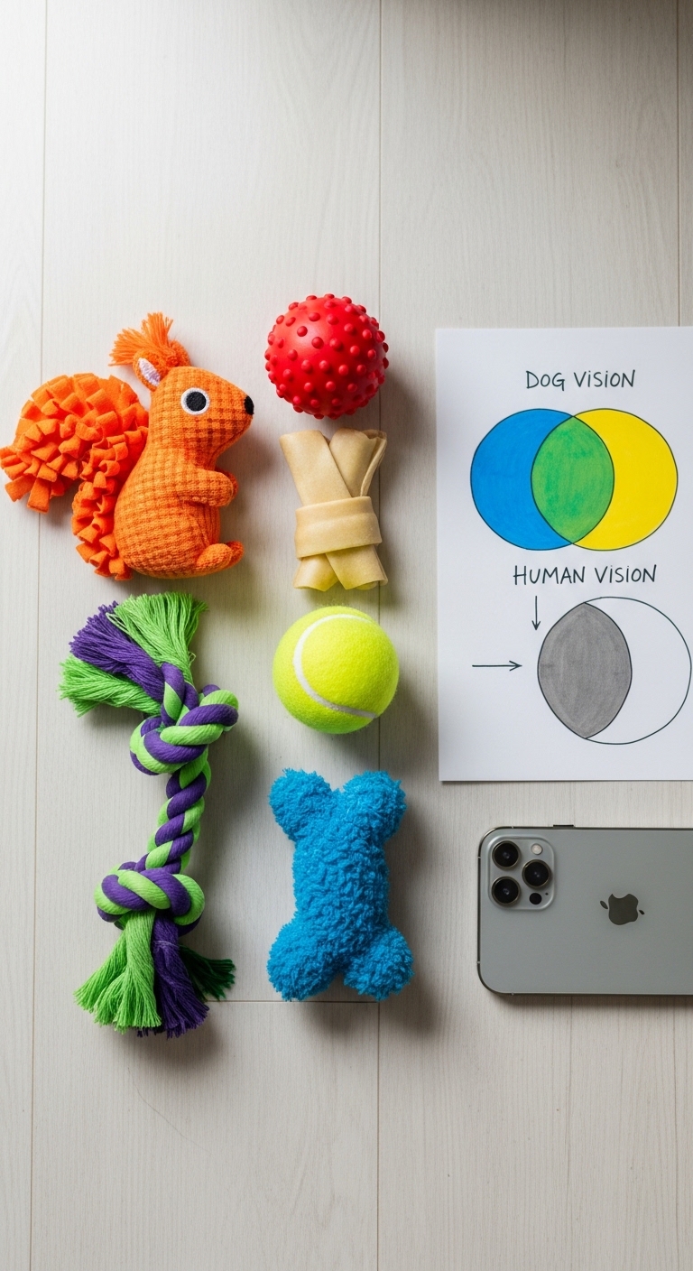 A collection of toys and a cell phone with a drawing of a dog's eye.