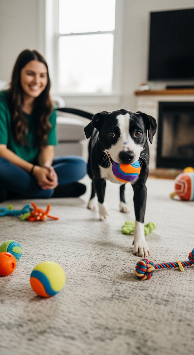 A black and white dog holding a ball in its mouth.