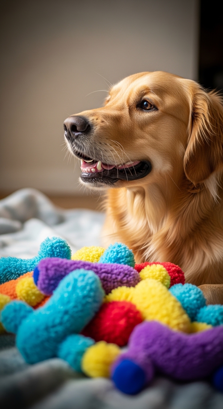 A dog with a toy in its mouth.