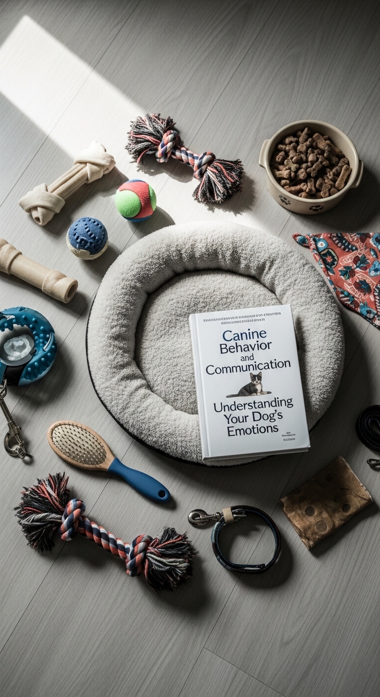 A book titled Canine Behavior Communication sits on a bed with a dog on the cover.