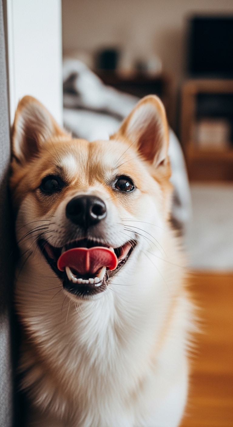 A dog with a pink tongue sticking out.