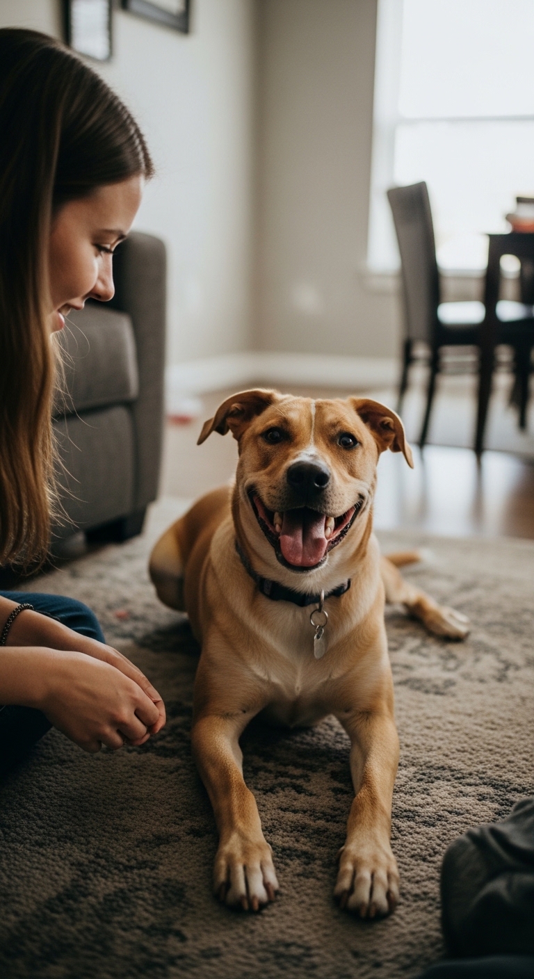 A dog is smiling at the camera.