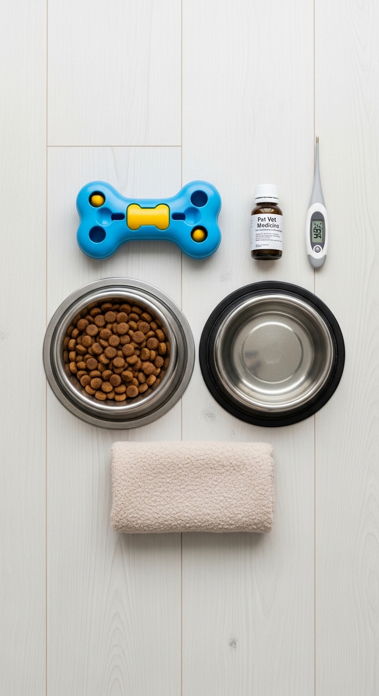 A dog bowl and a toy are on a table.