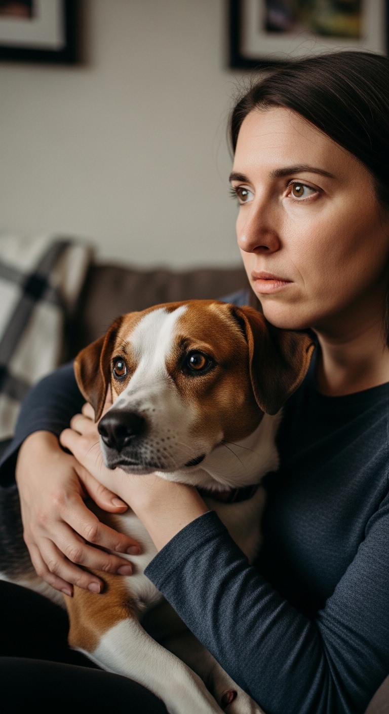 A woman holding a dog.