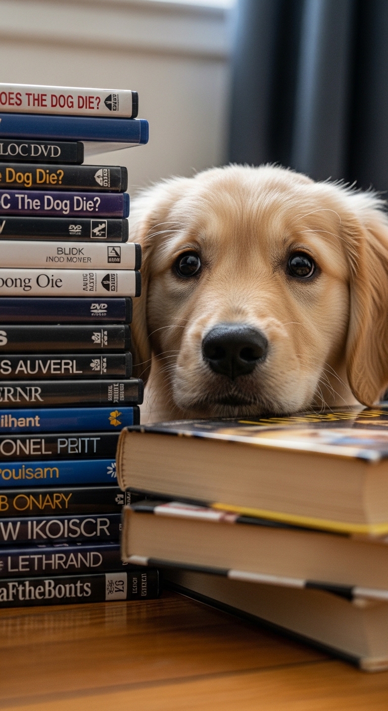 A dog looking at a stack of books, one of which is titled "The Dog Dies.
