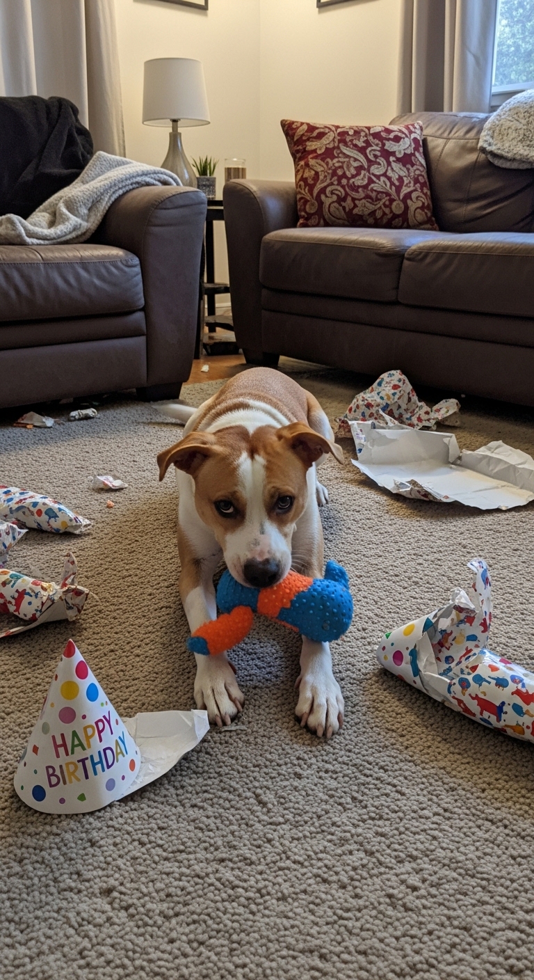 A dog is playing with a birthday gift.