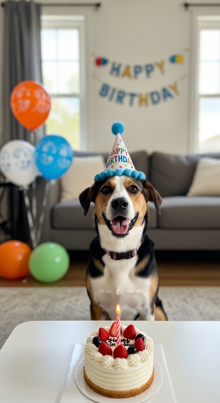 A dog wearing a birthday hat.
